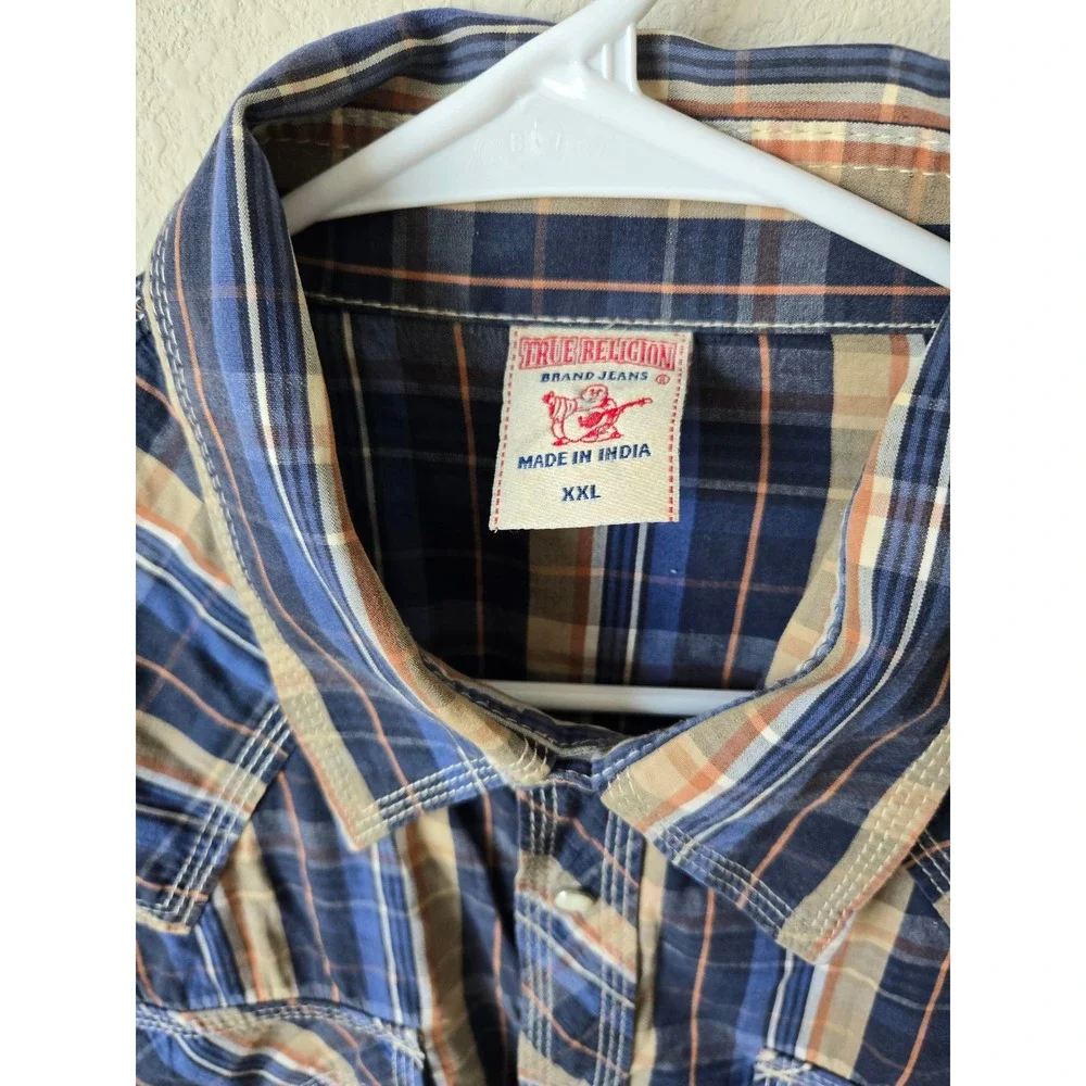 True Religion Mens Western Snap Plaid Shirt Navy Tan ML4BL68MNT XXL